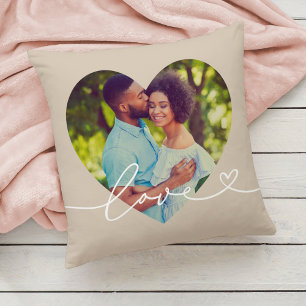 Love in Script Beige Custom Heart Shaped Photo Throw Pillow