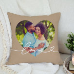 Love in Script Brown Custom Heart Shaped Photo Throw Pillow<br><div class="desc">Modern and stylish custom throw pillow design features a favourite photo in a big heart shape with a minimal white "Love" typography overlay design that includes flourish and heart details. The latte tan brown background colour can be modified. A unique gift idea for a newlywed couple or for your loved...</div>