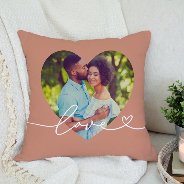 Love in Script Clay Custom Heart Shaped Photo Throw Pillow (Creator Uploaded)
