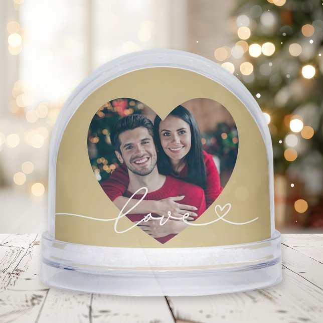 Love in Script Gold Custom Heart Shaped Photo Snowglobe (Creator Uploaded)