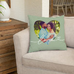 Love in Script Green Custom Heart Shaped Photo Throw Pillow<br><div class="desc">Modern and stylish custom throw pillow design features a favourite photo in a big heart shape with a minimal white "Love" typography overlay design that includes flourish and heart details. The leafy laurel green background colour can be modified. A unique gift idea for a newlywed couple or for your loved...</div>