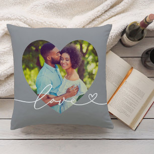 Love in Script Grey Custom Heart Shaped Photo Throw Pillow