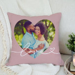 Love in Script Rose Pink Custom Heart Shaped Photo Throw Pillow<br><div class="desc">Modern and stylish custom throw pillow design features a favourite photo in a big heart shape with a minimal white "Love" typography overlay design that includes flourish and heart details. The dusty rose pink background colour can be modified. A unique gift idea for a newlywed couple or for your loved...</div>