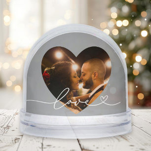 Love in Script Silver Custom Heart Shaped Photo Snowglobe