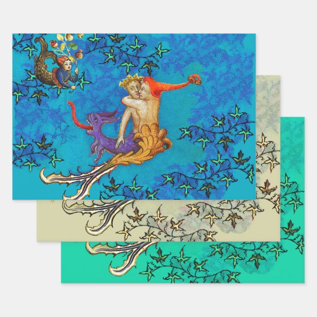 LOVE IN THE ABYSS Mermaid and Triton Valentine Day Wrapping Paper Sheet (Set)