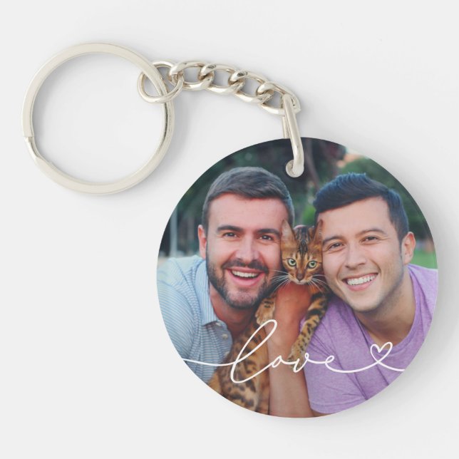 Love in White Script with Heart Custom Photo Keychain (Front)