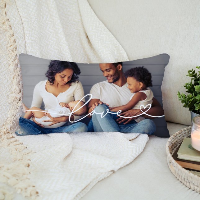 Love in White Script with Heart Custom Photo Lumbar Pillow (Creator Uploaded)