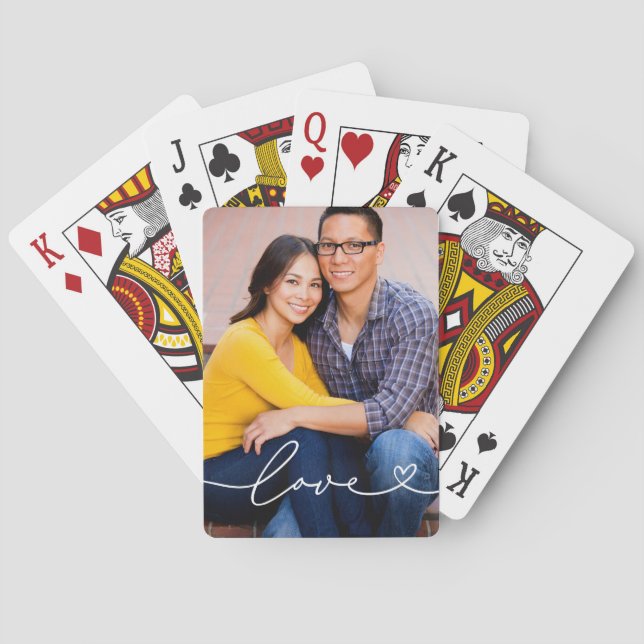 Love in White Script with Heart Custom Photo Playing Cards (Back)