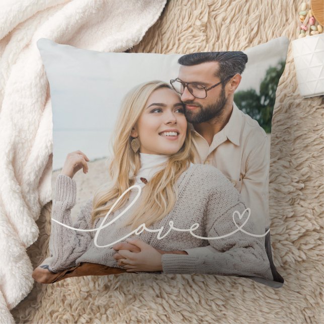 Love in White Script with Heart Custom Photo Throw Pillow (Blanket)