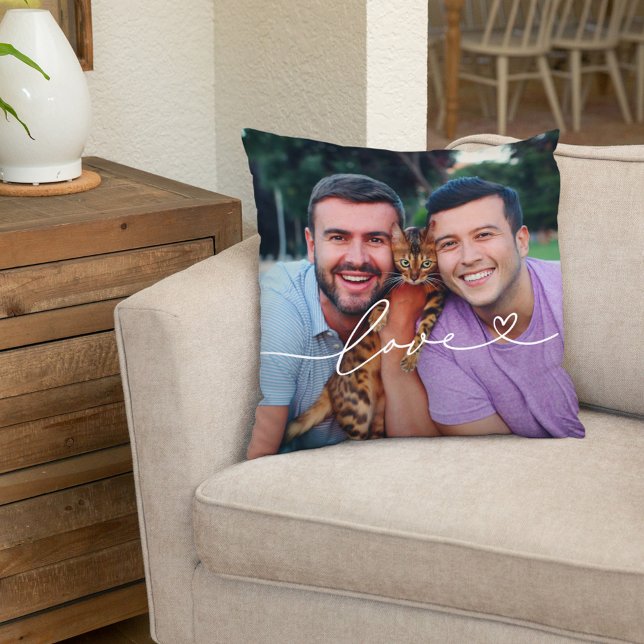 Love in White Script with Heart Custom Photo Throw Pillow (Creator Uploaded)