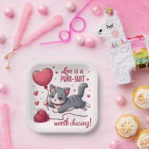 Love is a Purrsuit Worth Chasing Cute Cat  Paper Plate