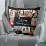 Love is a Wonderful Thing Black Grey 10 Photo Throw Pillow<br><div class="desc">Romantic Quote and Custom Photo Pillow. The main wording is hand lettered and reads "Love is a Wonderful Thing" in playful calligraphy with love hearts. The photo template is set up for you to add your pictures, working clockwise from the top left, to form a simple grid style photo collage...</div>