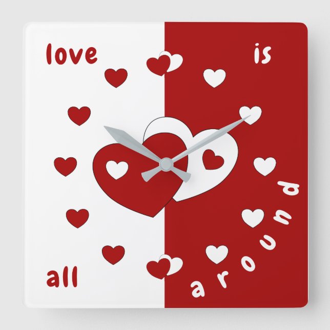 Love Is All Around - Red And White Hearts Square Wall Clock (Front)