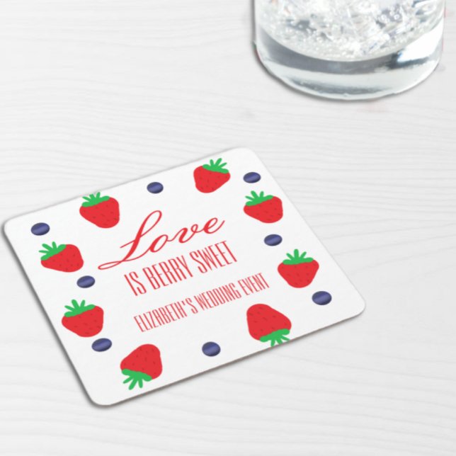 Love Is Berry Sweet Fruit Bridal Shower Square Paper Coaster (Creator Uploaded)