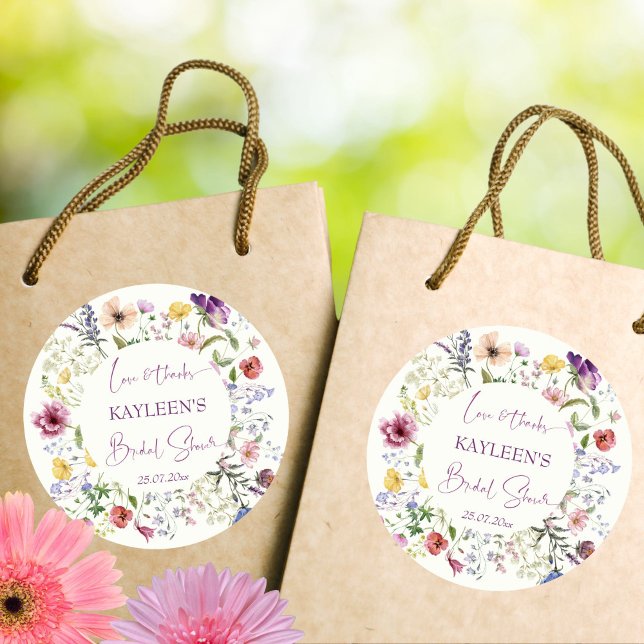 Love is blooming boho wildflower bridal shower classic round sticker (Love is blooming boho wildflower bridal shower thank you favor sticker)