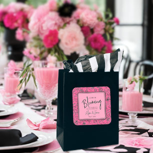 Love is blooming pink and black floral wedding square sticker