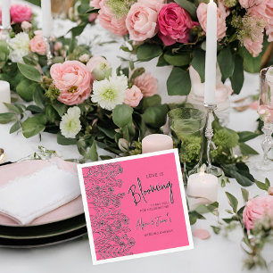 Love is blooming pink & black floral bridal shower napkin