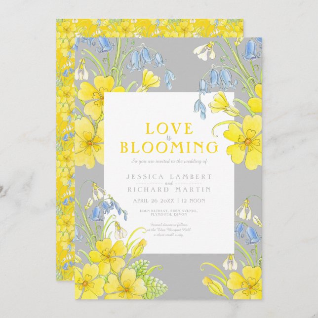 Love is blooming spring flower yellow grey wedding invitation (Front/Back)