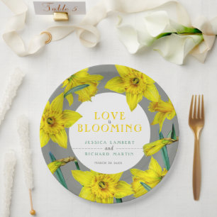 Love is blooming watercolor yellow spring wedding paper plate