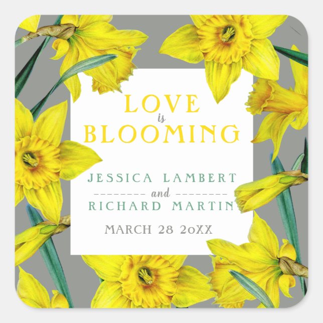 Love is blooming watercolor yellow spring wedding square sticker (Front)