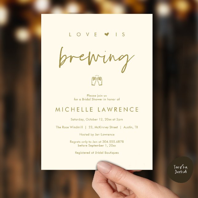 Love is brewing, Beer Party,  Bridal Shower Invitation (Love is brewing, Beer Party, Bridal Shower Invites card, booze love laughter, in yellow gold)