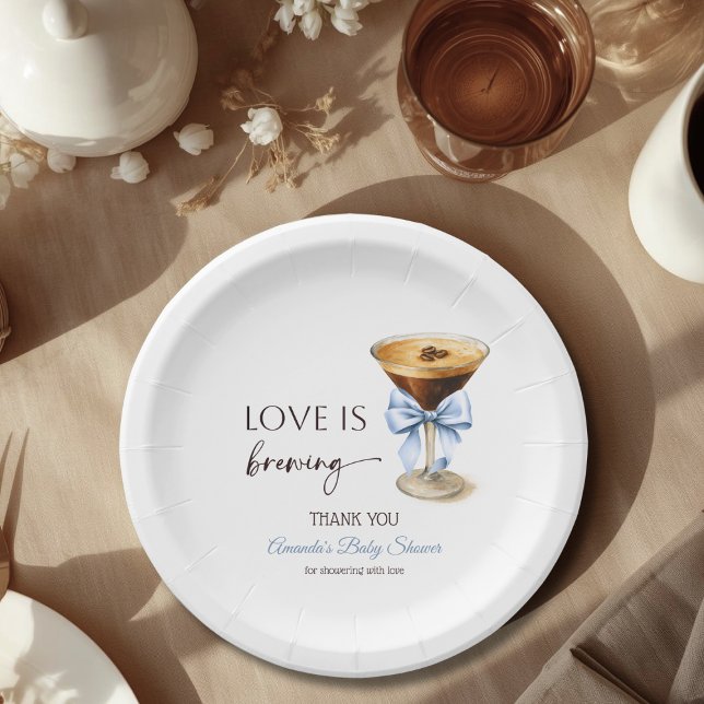 Love is Brewing Blue Coquette Bow Bridal Shower Paper Plate (Creator Uploaded)