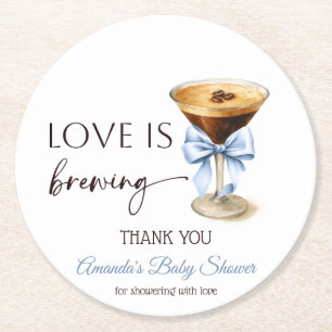 Love is Brewing Blue Coquette Bow Bridal Shower Round Paper Coaster