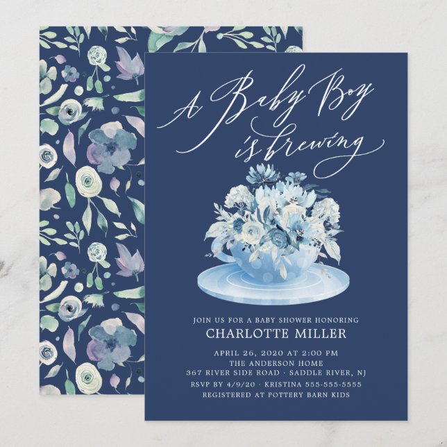 Love is Brewing Blue Floral Baby Boy Tea Shower Invitation (Front/Back)