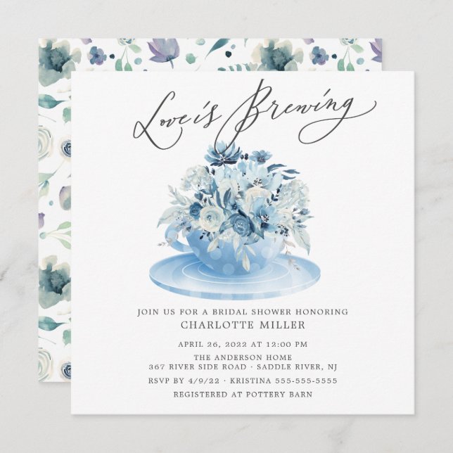Love is Brewing Blue Floral Bridal Tea Shower  Invitation (Front/Back)