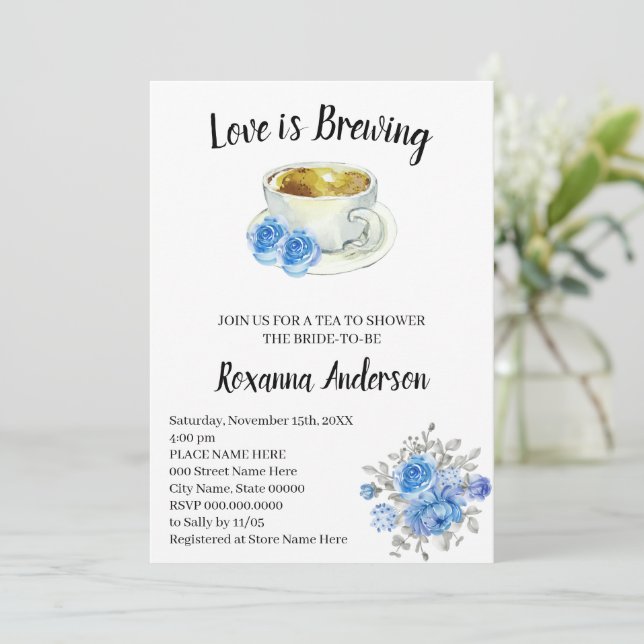 Love is Brewing Blue Flowers Tea Bridal Shower Invitation (Standing Front)