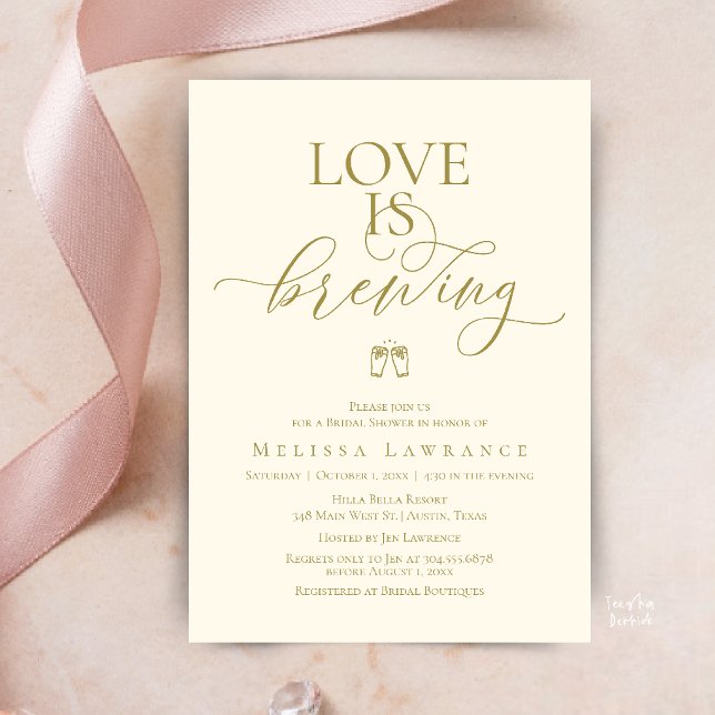 Love Is Brewing Bridal Shower | Elegant Script Invitation (Love Is Brewing Bridal Shower | Elegant Script Invitation Card in Gold Yellow Cream)