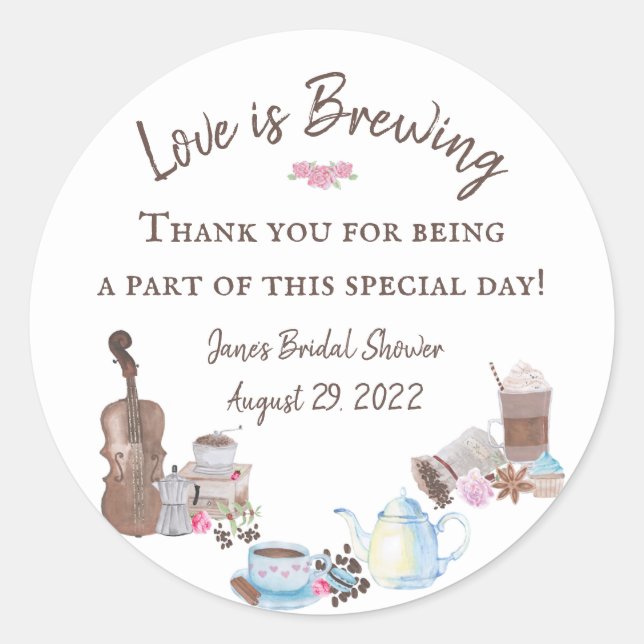 Love is Brewing Bridal Shower Favour Stickers (Front)