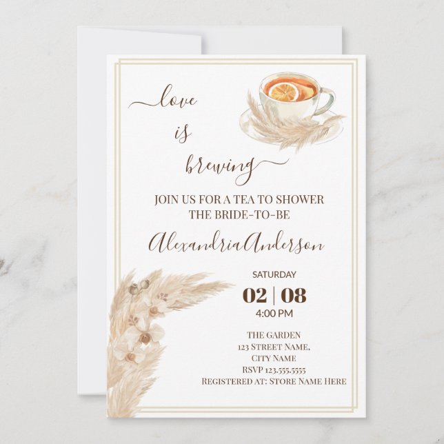 Love Is Brewing Bridal Shower Pampa Grass Invitation (Front)