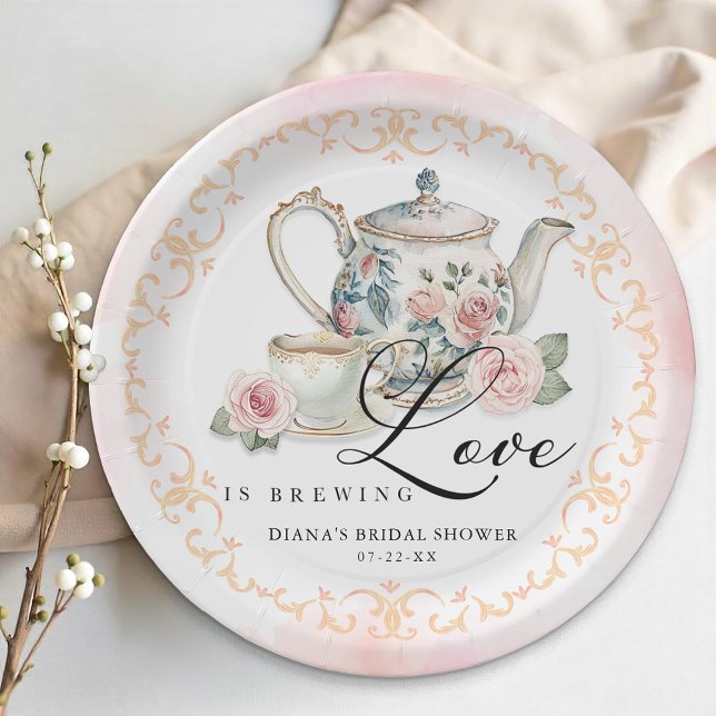 Love is Brewing Bridal Shower Paper Plate (Tea Party Paper Plates)
