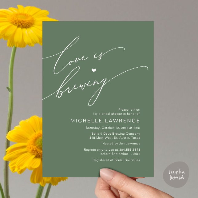 Love is Brewing, Bridal Shower Party Celebration Invitation (Love is Brewing, Bridal Shower Beer Party Wine Tasting Invitation Card PDF Contemporary Sage Green)