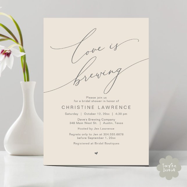 Love is Brewing, Bridal Shower Party Celebration Invitation (Love is Brewing, Bridal Shower Party Beer Wine Tasting Romantic Invites Card Charm Cream Grey)