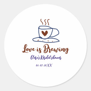 Love is Brewing brown blue bridal shower add name  Classic Round Sticker