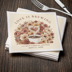 Love is Brewing Brown Floral Coffee Heart Bridal Napkin
