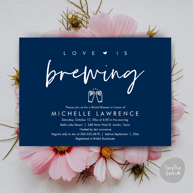 Love is brewing, Casual Beer Party Bridal Shower Invitation (Love is brewing, Modern Casual Romantic Beer Party Bridal Shower Invitation Card, PDF, Navy Blue)
