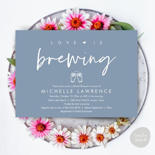 Love is brewing, Casual Beer Party Bridal Shower Invitation (Love is brewing, Modern Casual Romantic Beer Party Bridal Shower Invitation Card, PDF, Dusty Blue)