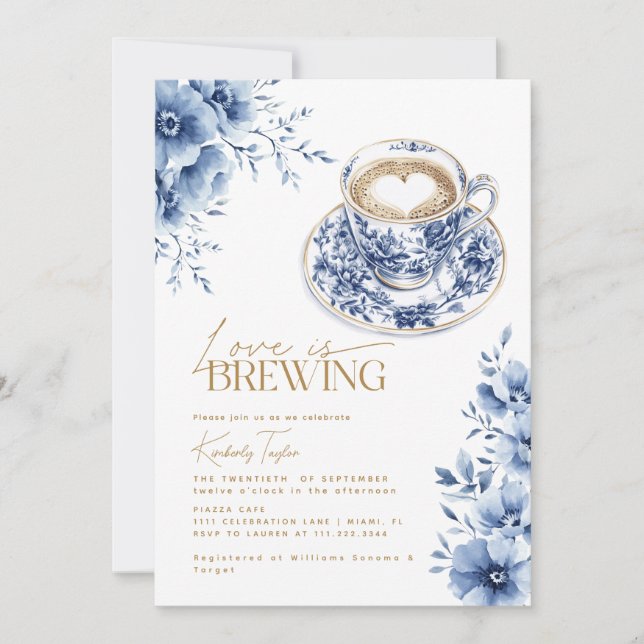 Love is Brewing Chinoiserie Blue Bridal Shower Invitation (Front)