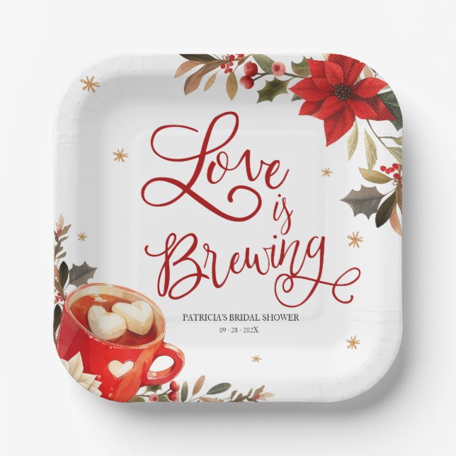 Love Is Brewing Christmas Bridal Shower Paper Plate (Front)