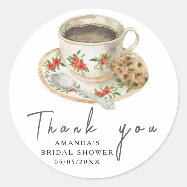 Love is brewing Coffee Bridal shower Thanks Classic Round Sticker (Front)