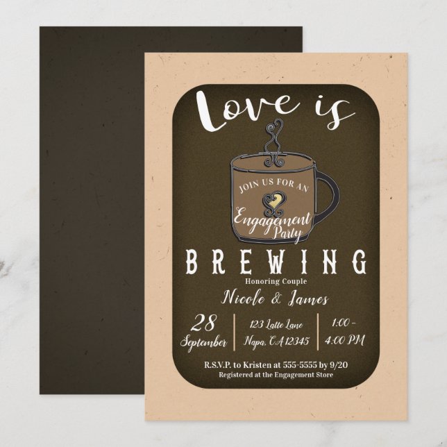 LOVE IS BREWING Coffee Cafe Engagement Party Invitation (Front/Back)