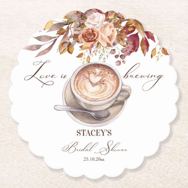 Love is brewing coffee fall bridal shower favours paper coaster (Front)
