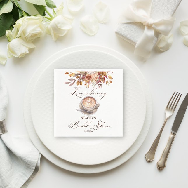 Love is brewing coffee fall bridal shower napkin (Love is brewing coffee fall themed bridal shower personalized monogram napkins template table decor)