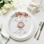 Love is brewing coffee fall bridal shower paper plate<br><div class="desc">Love is brewing coffee fall bridal shower monogram personalized printed paper plates template,  cappuccino  coffee cup brown roses fall flowers bridal shower personalized tableware</div>