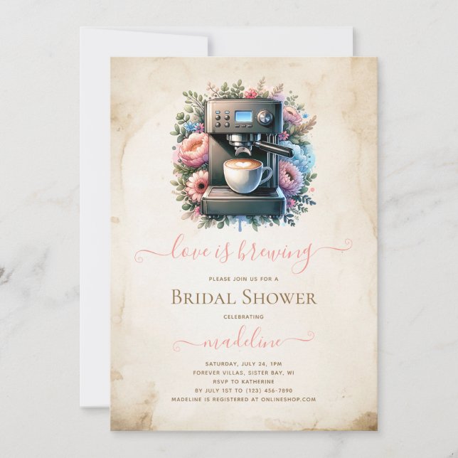 Love is Brewing Coffee Machine Bridal Shower Invitation (Front)