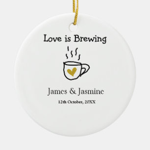Love is Brewing coffee mug gold heart couple name Ceramic Ornament