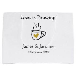 Love is Brewing coffee mug gold heart couple name  Large Gift Bag